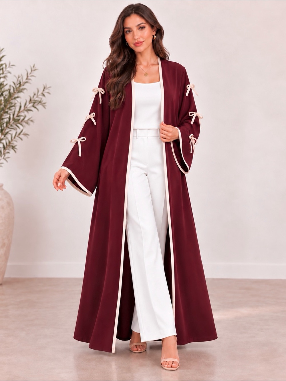 Burgundy Open Abaya Robe Kimono Duster Bow Sleeve White Trim M NWOT